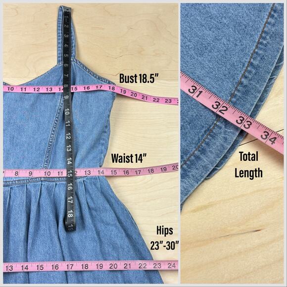 Vintage 1990s Denim Sweetheart Button Back Mini Skater Dress - Picture 6 of 7